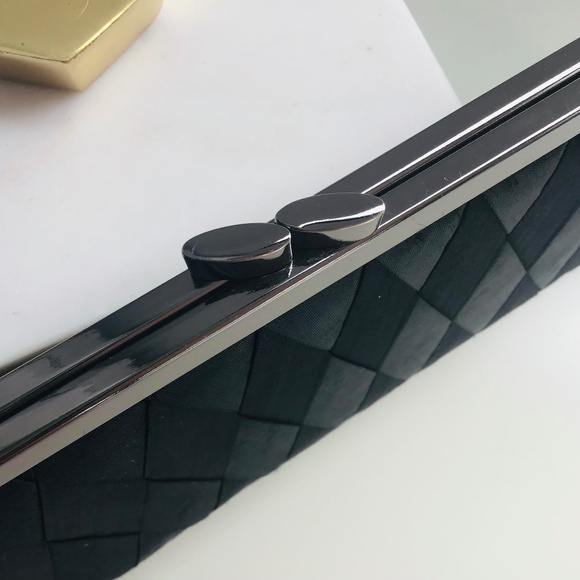 OLGA BERG long black satin clutch with metal strap and closure - like new - Picture 3 of 4